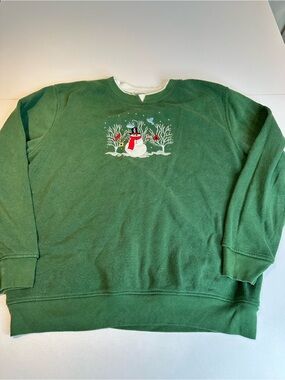 Green Crewneck Sweatshirt with Snowman Embroidery